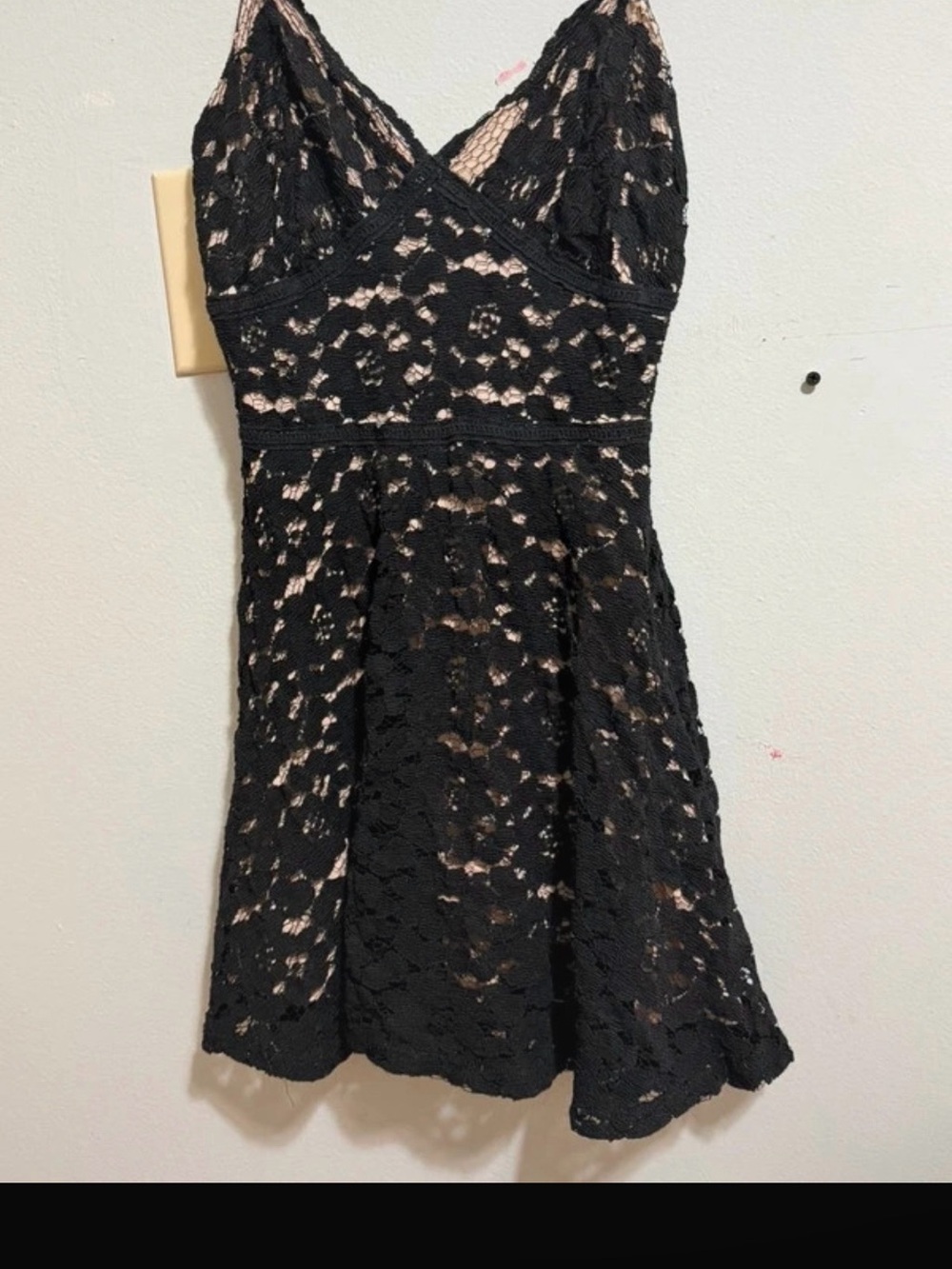 Black Lace Sleeveless V-Neck Dress with Nude Lining